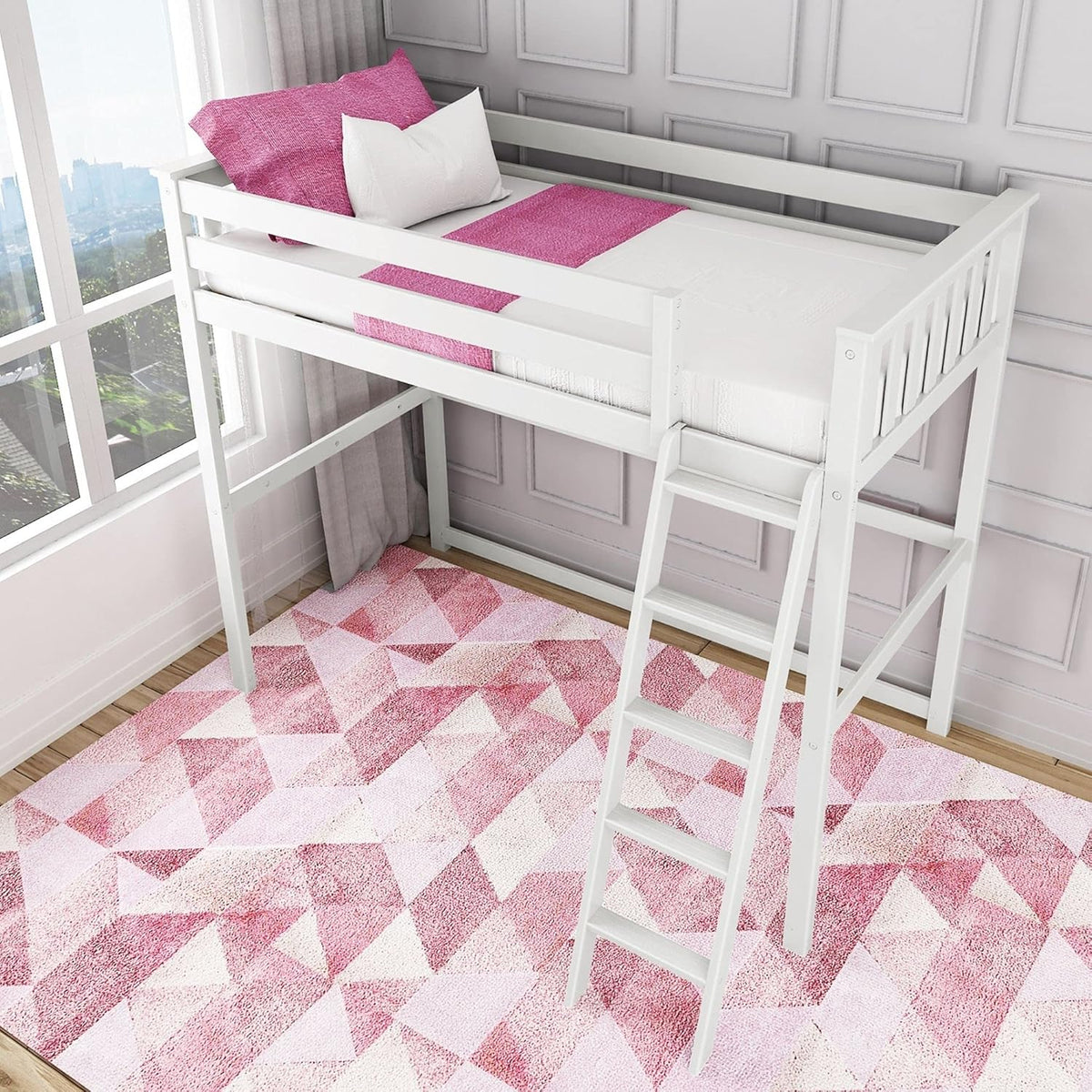 White Twin High Loft Bed with Bookcase J317