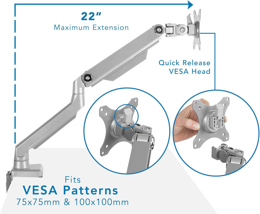 Single Monitor Arm Mount Desk Stand Full Motion Height Adjustable Articulating Mechanical Spring Arm Fits 24 27 29 30 32 Inch VESA Compatible Computer Screen C-Clamp and Grommet Base D87287