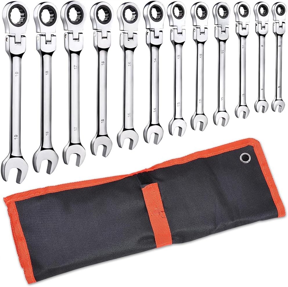 12pc Ratchet Spanner 8-19mm Metric Wrench Flexible Head Combination Tool Set F210