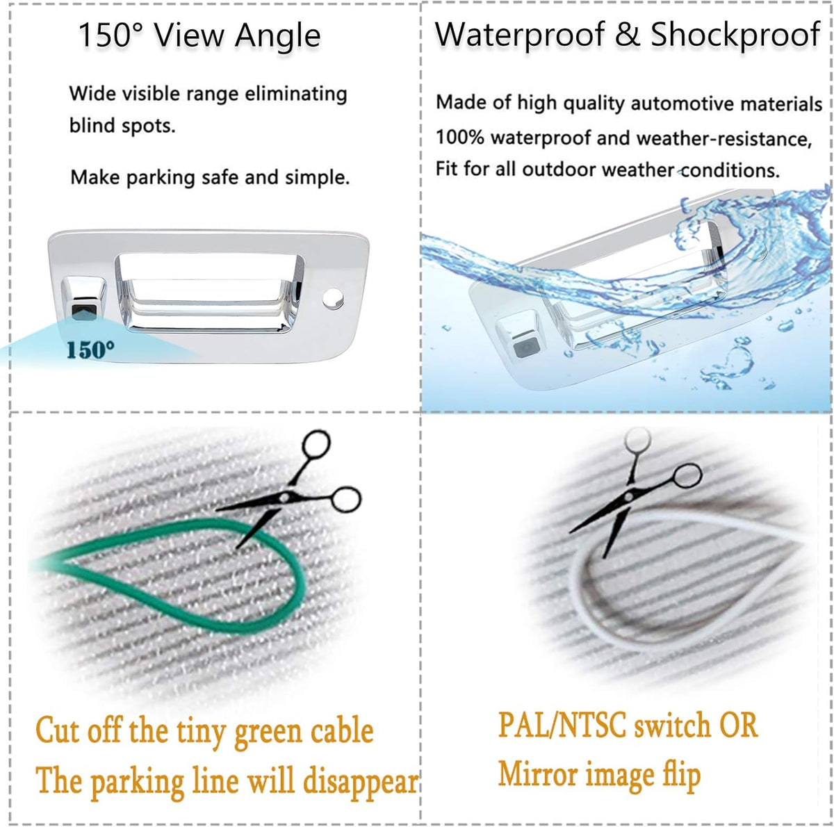 Chrome Tailgate Handle Backup Camera for Chevrolet Silverado GMC Sierra 1500 2007-2013 2500 3500 Heavy Duty 2007-2014 Waterproof Removable Guide Line Reversing Backing Cameras L184