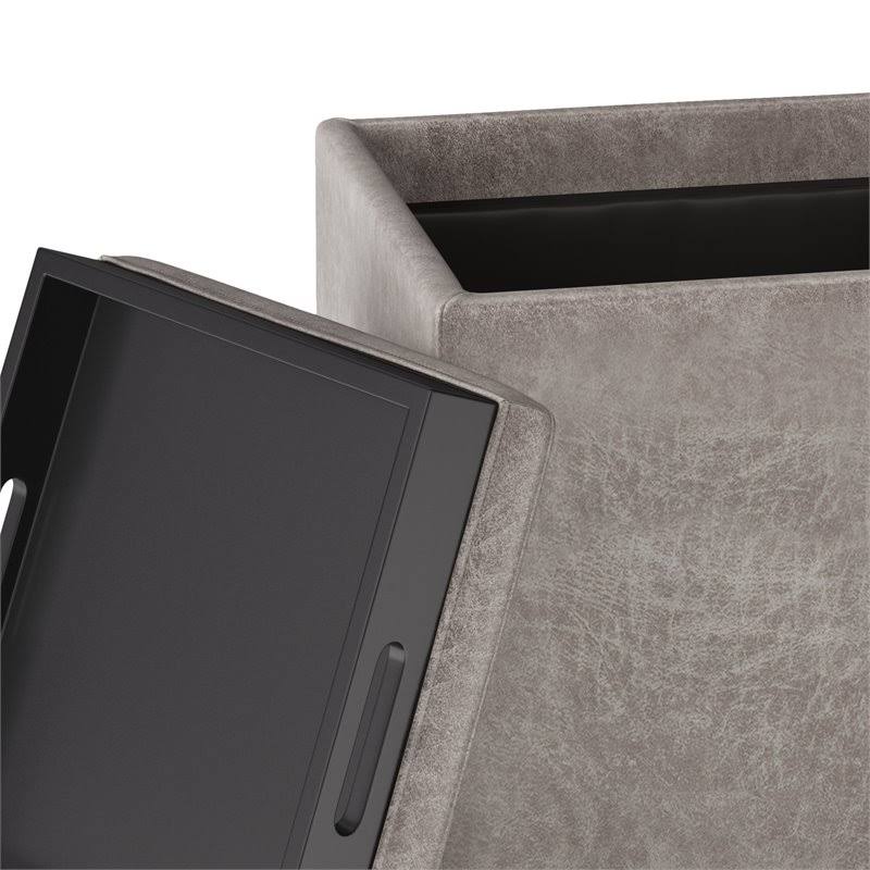 Distressed Grey Taupe Faux Leather Cube Storage Ottoman with Tray L6854