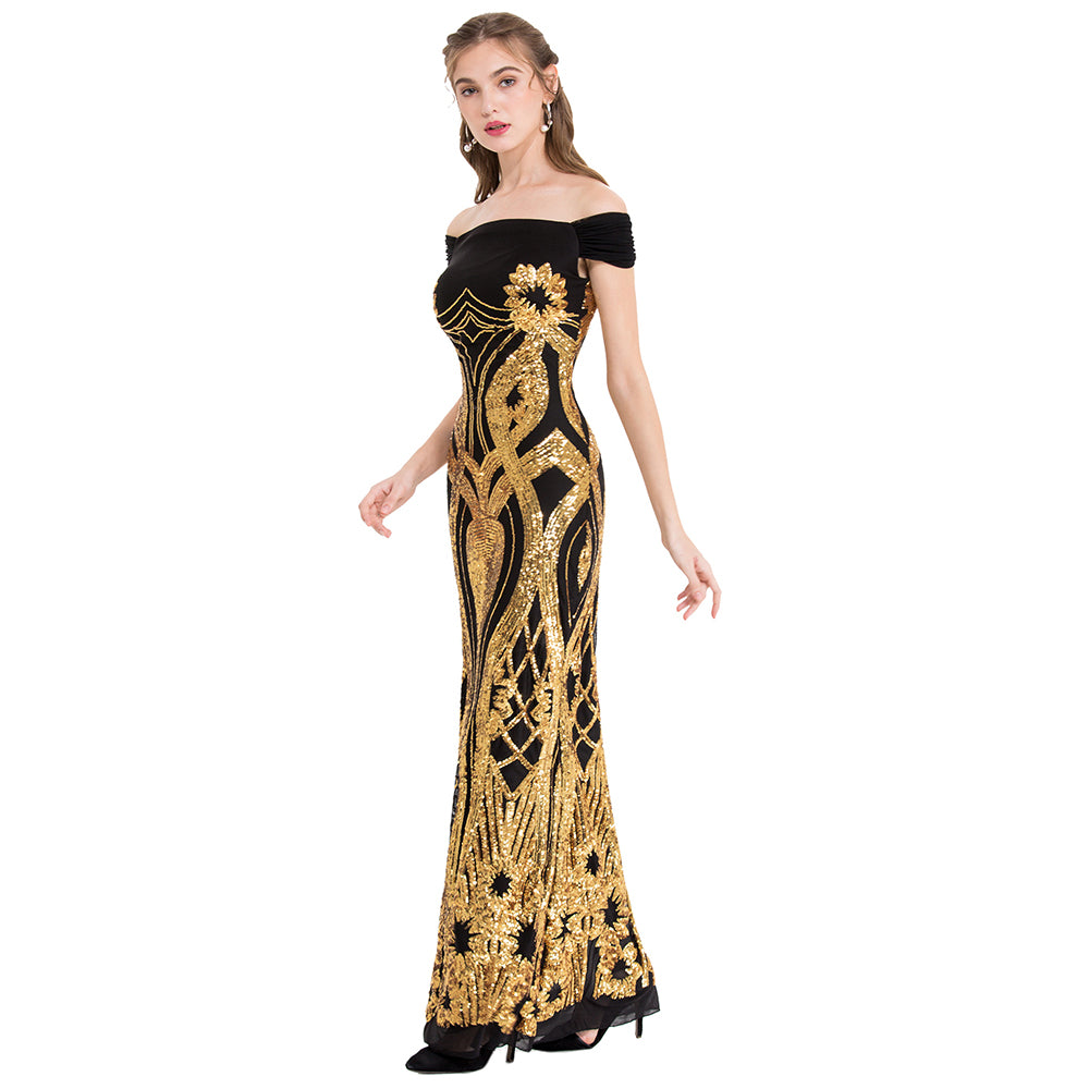 Gold Floral Pattern Sequins Sheath Long Evening Dress U76174