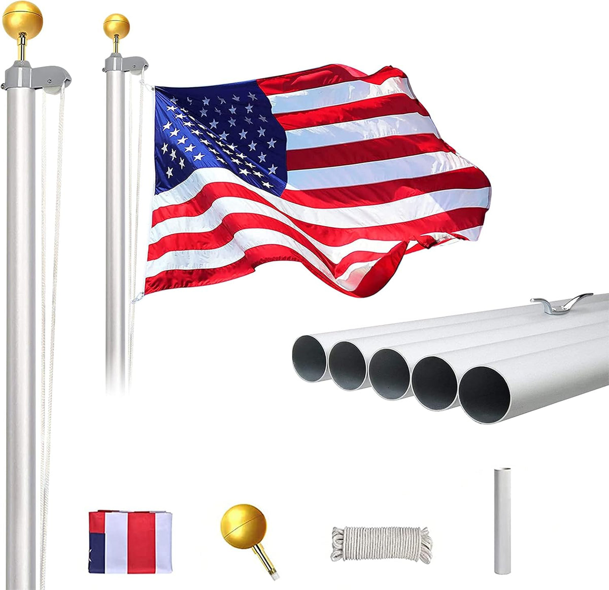 20FT Heavy Duty Aluminum Flag Pole Kit with 3x5 American Flag and Golden Ball N4995