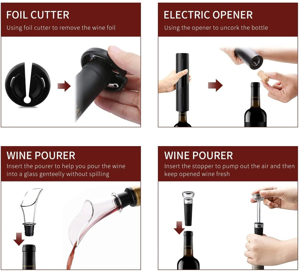 Rechargeable Electric Wine Opener Set with Foil Cutter, Vacuum Stopper and Wine Aerator Pourer U464