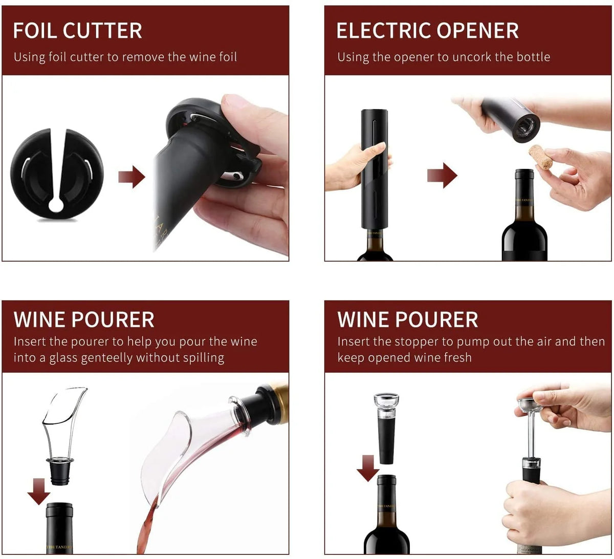 Rechargeable Electric Wine Opener Set with Foil Cutter, Vacuum Stopper and Wine Aerator Pourer U464