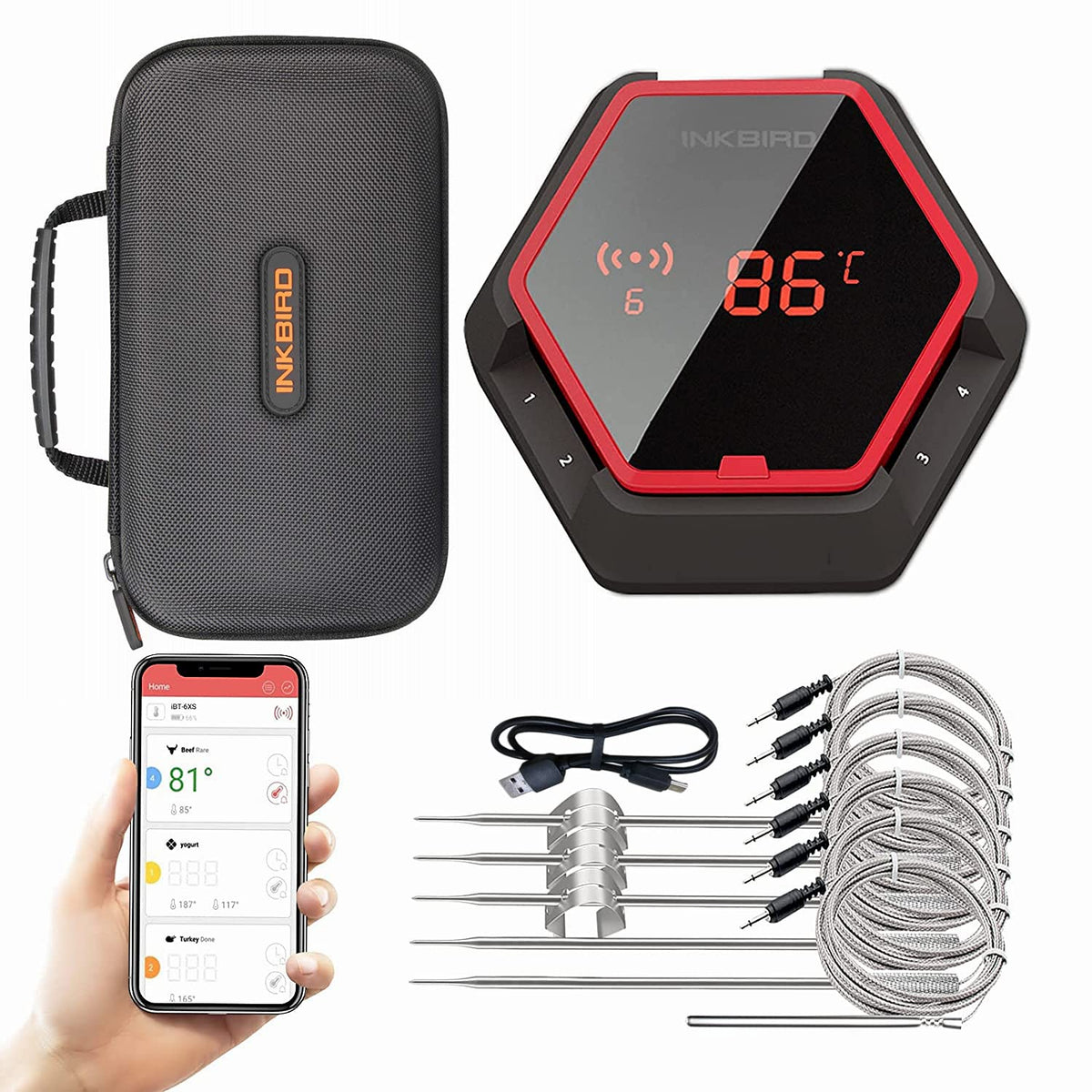 WiFi Meat Thermometer with 4 Probes & Hard Carrying Case D4227