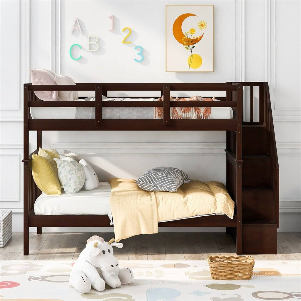 Twin-Over-Twin Bunk Bed with Stairway, Storage and Guard Rail - Grey X54911