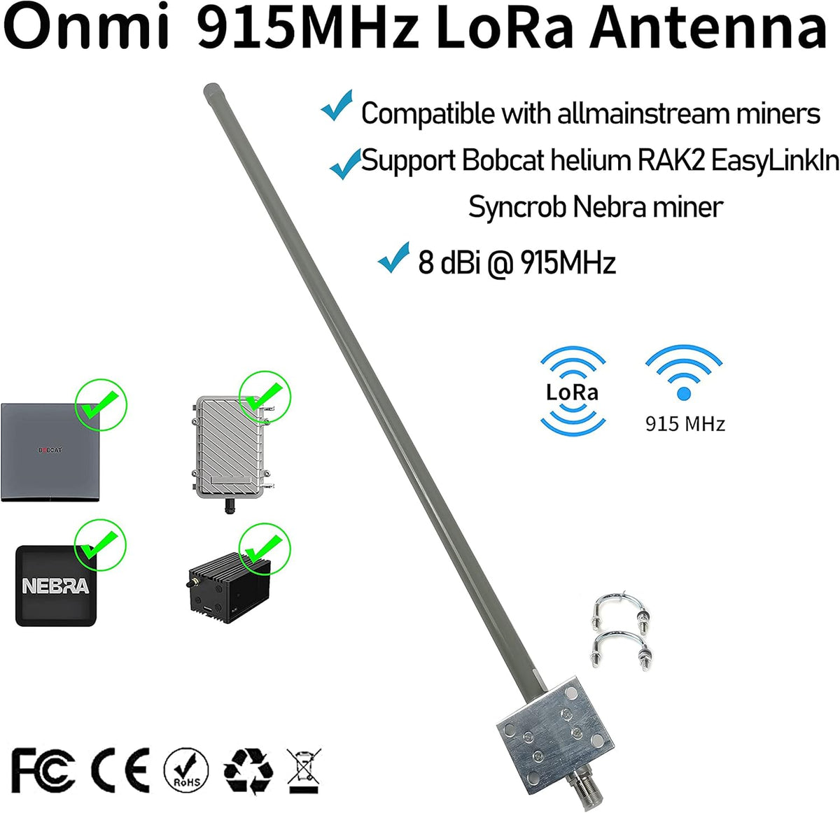 8dBi LoRa Antennas 915MHz Kits with 16 ft RG58 50Ohm RP-SMA Lightning Arrester L67904