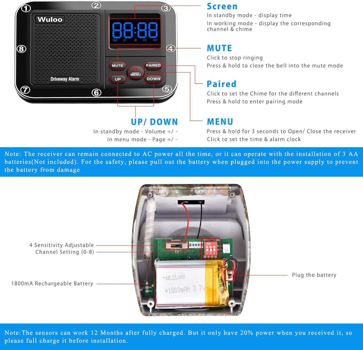 Solar Driveway Alarm Wireless Outdoor Motion Sensor Detector System with Rechargeable Battery Weatherproof Mute Mode E701
