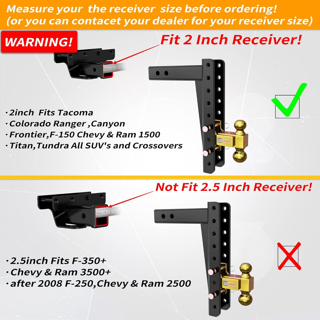 Adjustable Trailer Hitch, 2-Inch Receiver, 13-Inch Drop/Rise, 21000 LBS GTW, Double Pins, Solid Ball Mount V6195