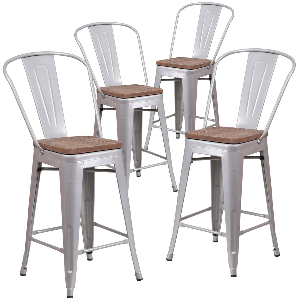 4 Pk Metal Counter Height Stool with Back and Wood Seat, Black-Antique Gold I580859