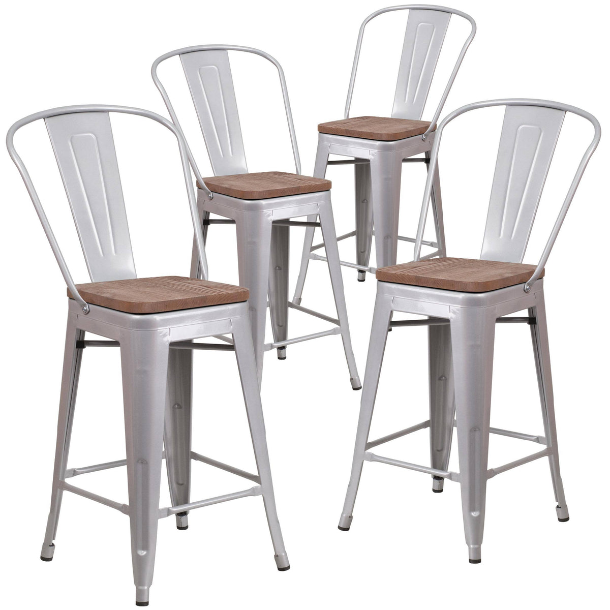 4 Pk Metal Counter Height Stool with Back and Wood Seat, Black-Antique Gold I580859