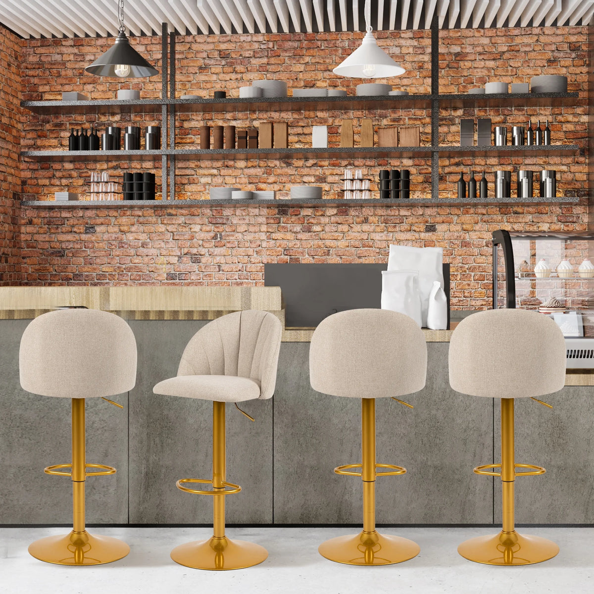 Beige Linen Swivel Counter Height Bar Stools Set of 4 U618