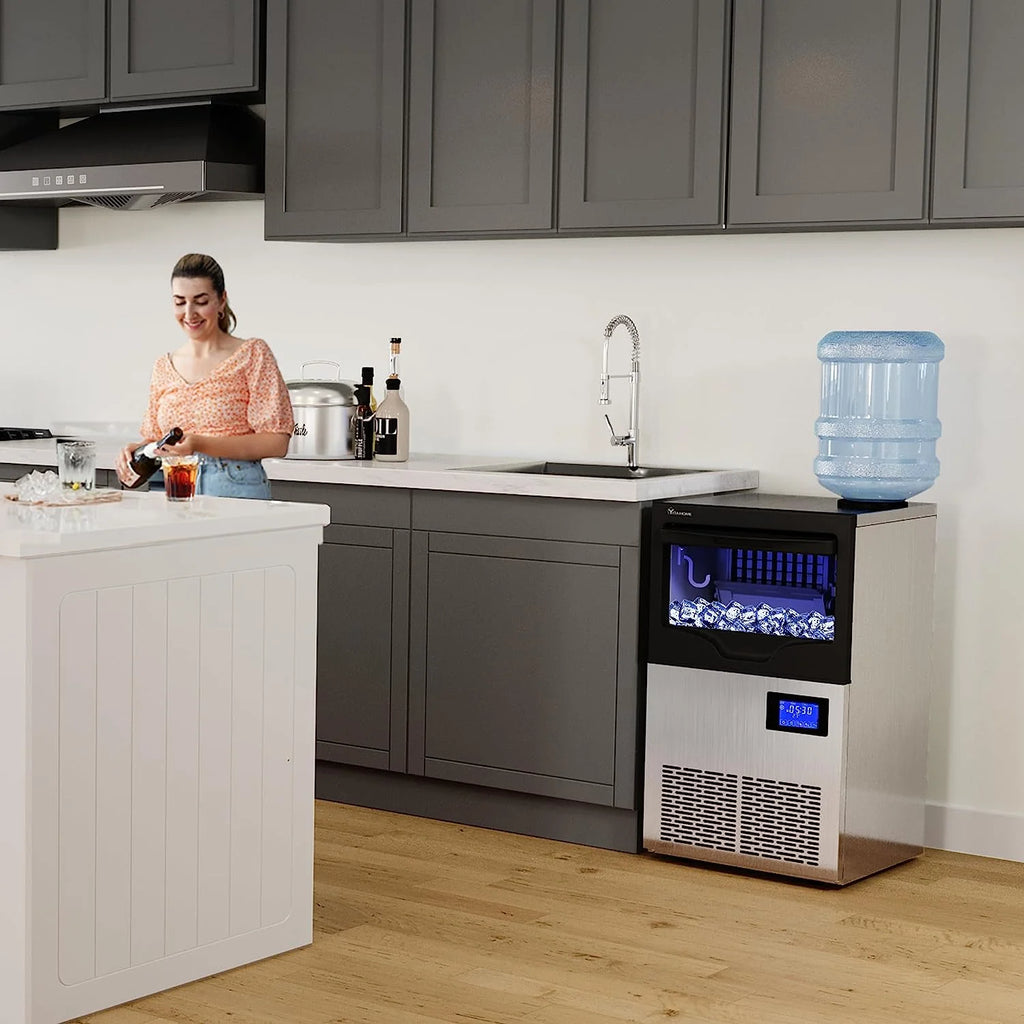Commercial Ice Maker Machine 100lbs/24h with 33lbs Storage Bin, Stainless Steel Ice Scoop, Blue Light, Freestanding Ice Machine Water Bottle X1625