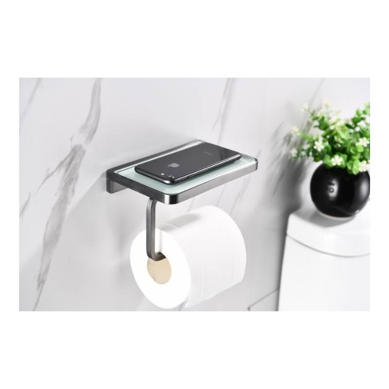 Gun Metal Stainless Steel White Glass Shelf with Toilet Paper Holder U2138