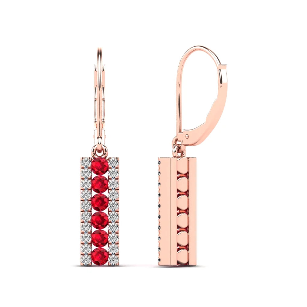 14K Rose Gold Diamond and Ruby Bar Drop Earrings B9811