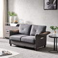 Dark Grey Linen Fabric Faux Leather Love Seat with Wood Leg I914