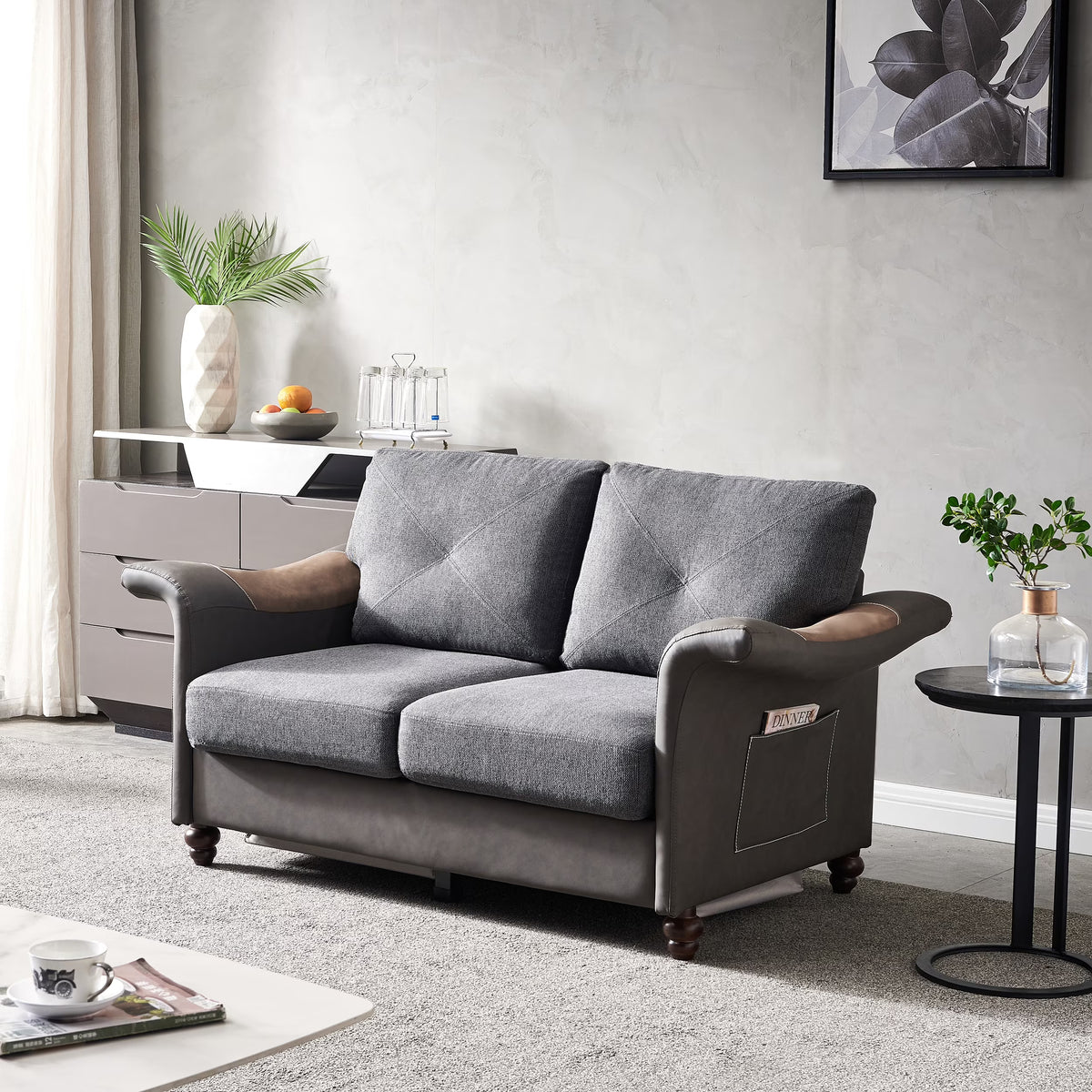 Dark Grey Linen Fabric Faux Leather Love Seat with Wood Leg I914