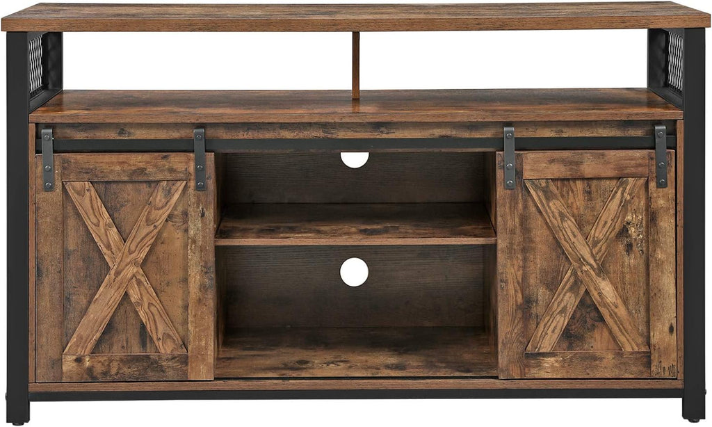Rustic Brown and Black TV Cabinet with Sliding Barn Doors and Adjustable Storage Shelves L68397