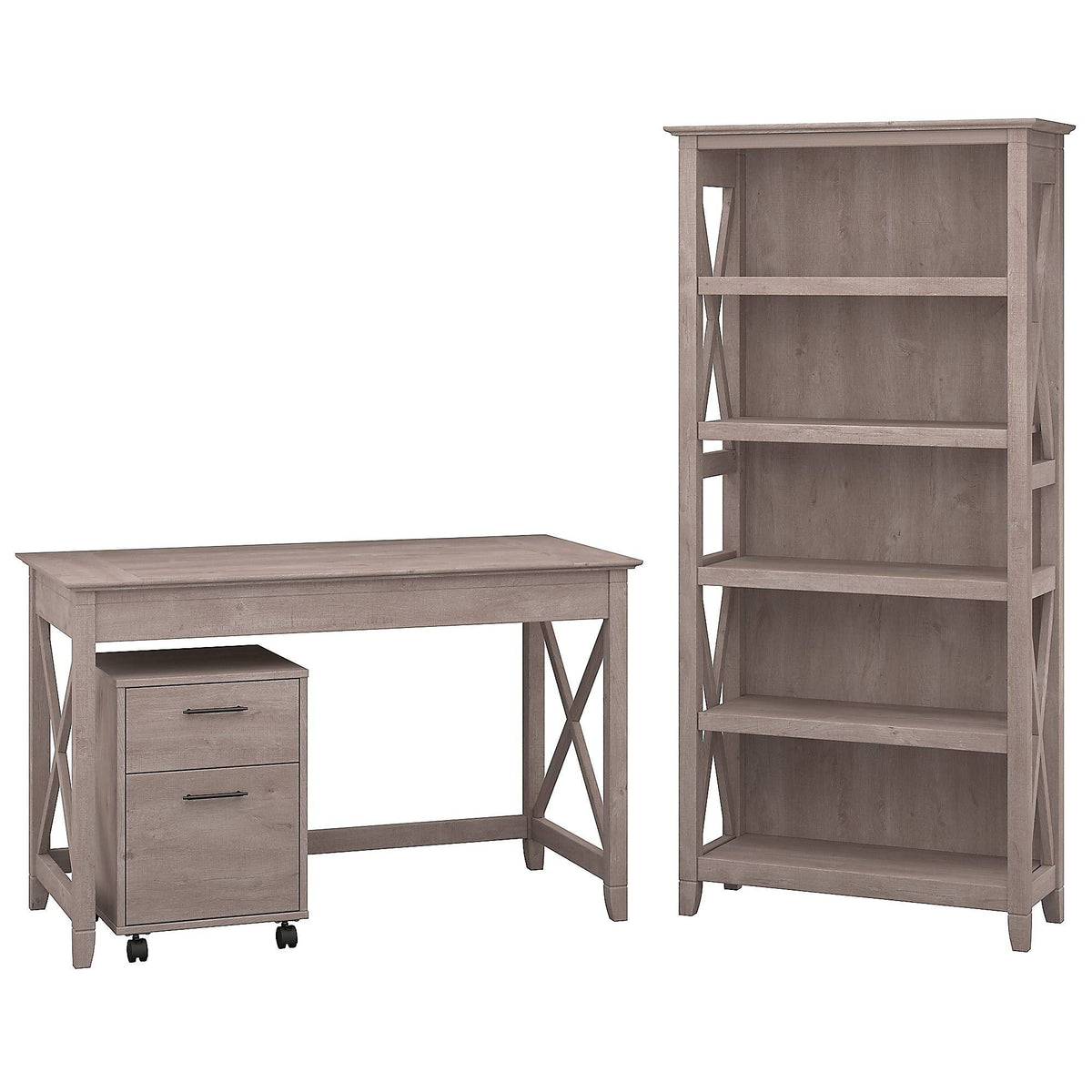 48W Writing Desk with 2 Drawer Mobile File Cabinet and 5 Shelf Bookcase in Washed Gray Z277043