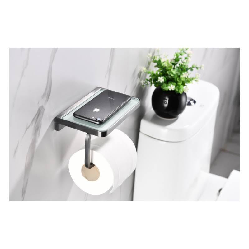 Gun Metal Stainless Steel White Glass Shelf with Toilet Paper Holder U2138