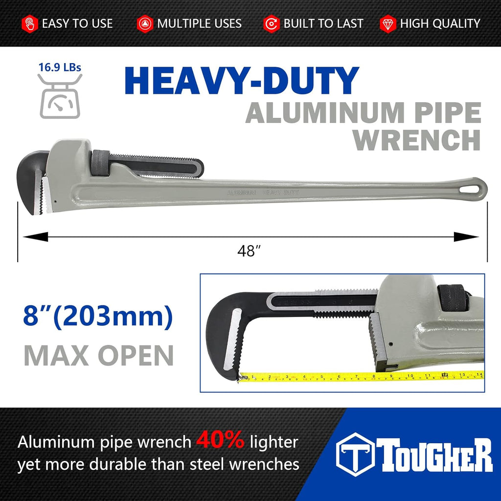 48-inch Aluminum Pipe Wrench, 8-inch Adjustable Jaw Capacity, Grey X78660