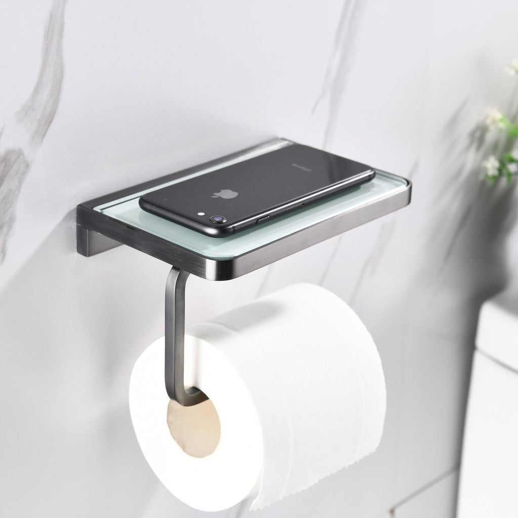 Gun Metal Stainless Steel White Glass Shelf with Toilet Paper Holder U2138