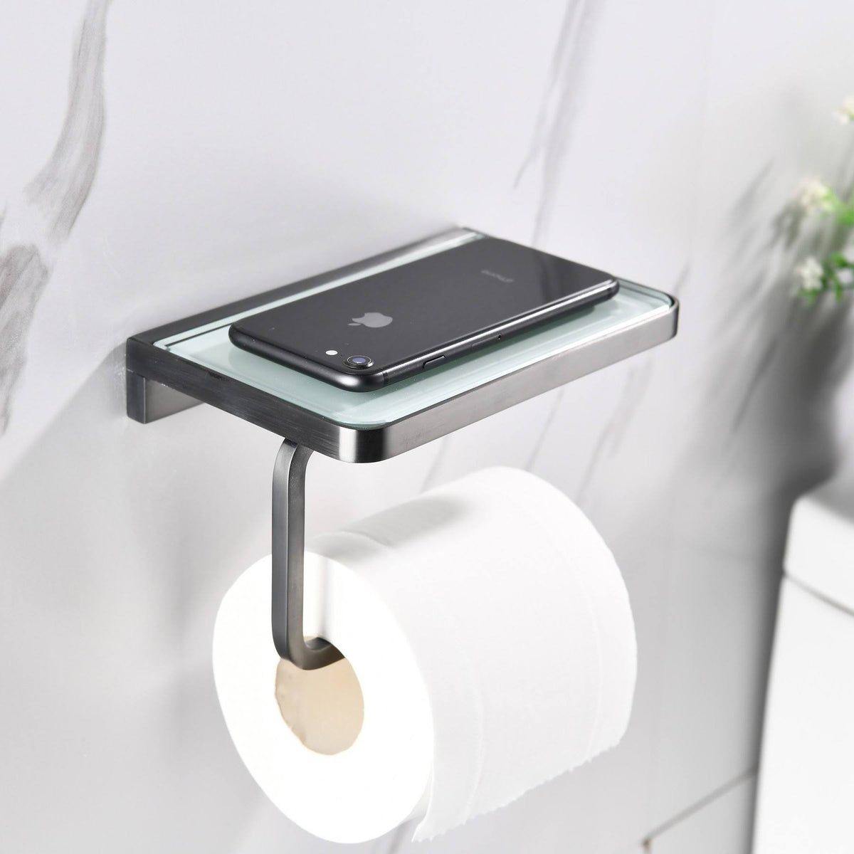 Gun Metal Stainless Steel White Glass Shelf with Toilet Paper Holder U2138