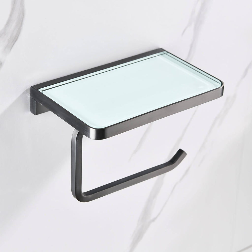 Gun Metal Stainless Steel White Glass Shelf with Toilet Paper Holder U2138