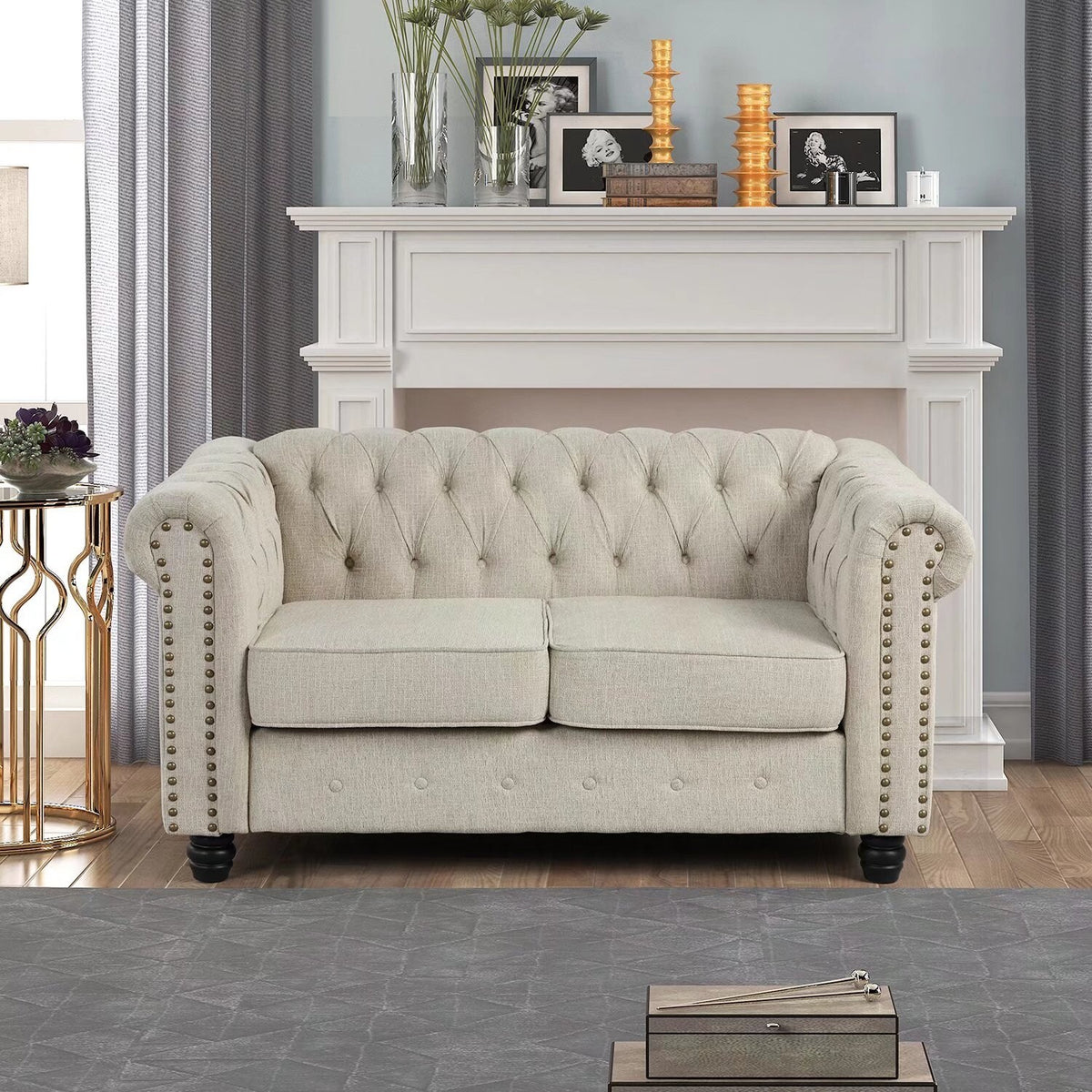 Upholstered Fabric Linen Grey Chesterfield Sofa 3 PCS F289557