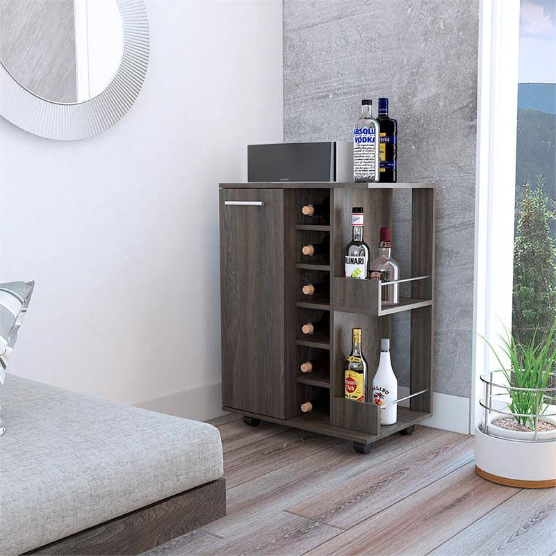 Espresso Bar Cart Cabinet with 6-Cubbies and 2-Shelves B698