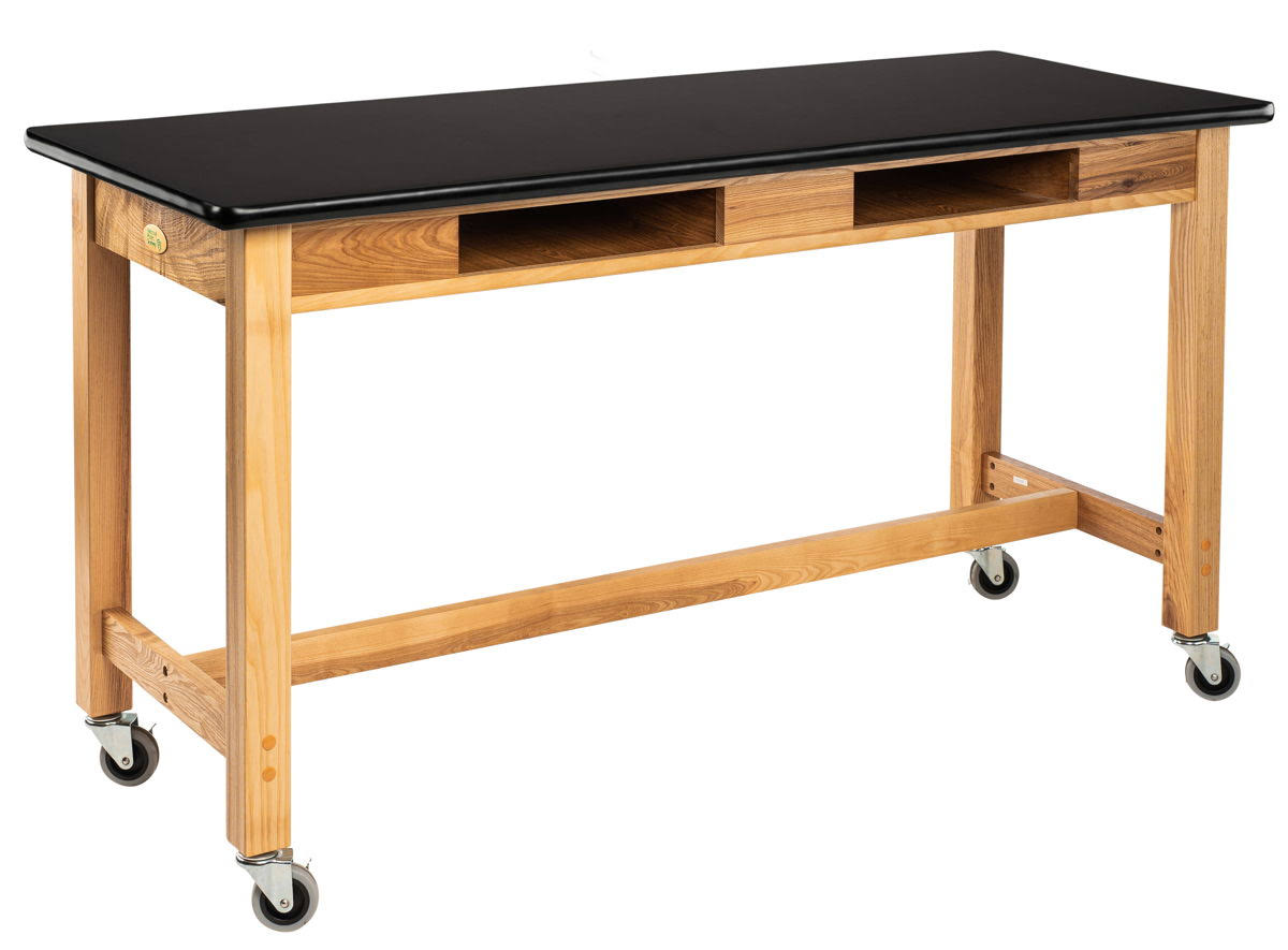 Black Ash Wood Science Lab Table with Book Compartments and Casters J885973