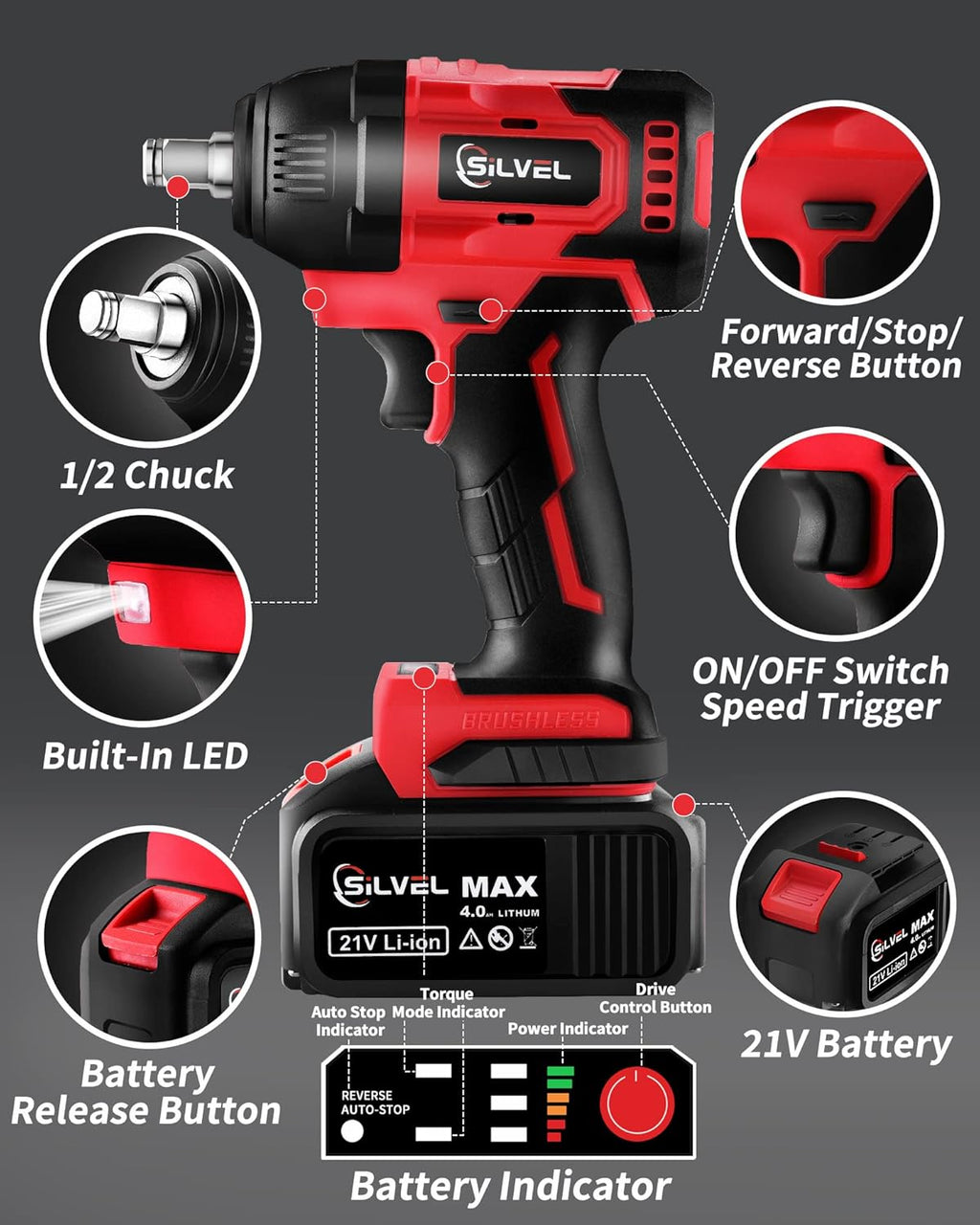 21V Cordless 1/2 inch Brushless Impact Wrench with 4.0Ah Li-ion Battery F112965
