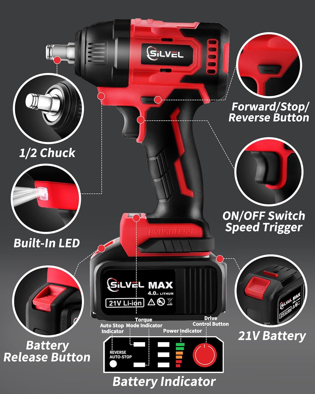 21V Cordless 1/2 inch Brushless Impact Wrench with 4.0Ah Li-ion Battery F112965