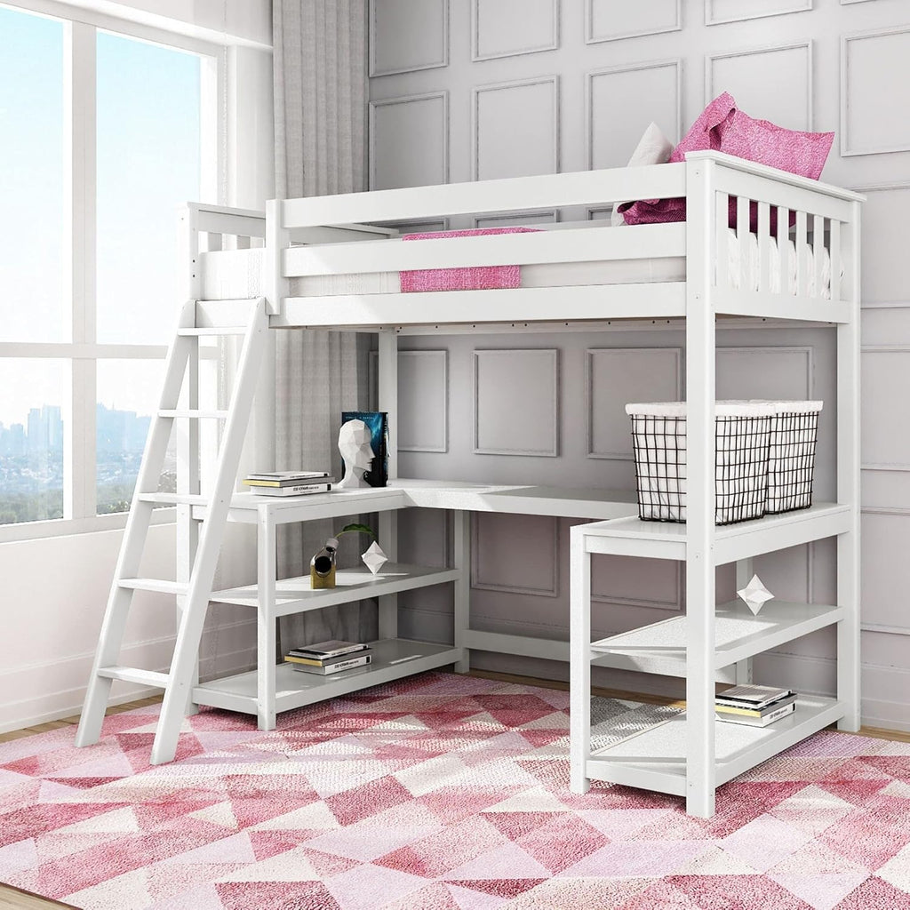 White Twin High Loft Bed with Bookcase J317