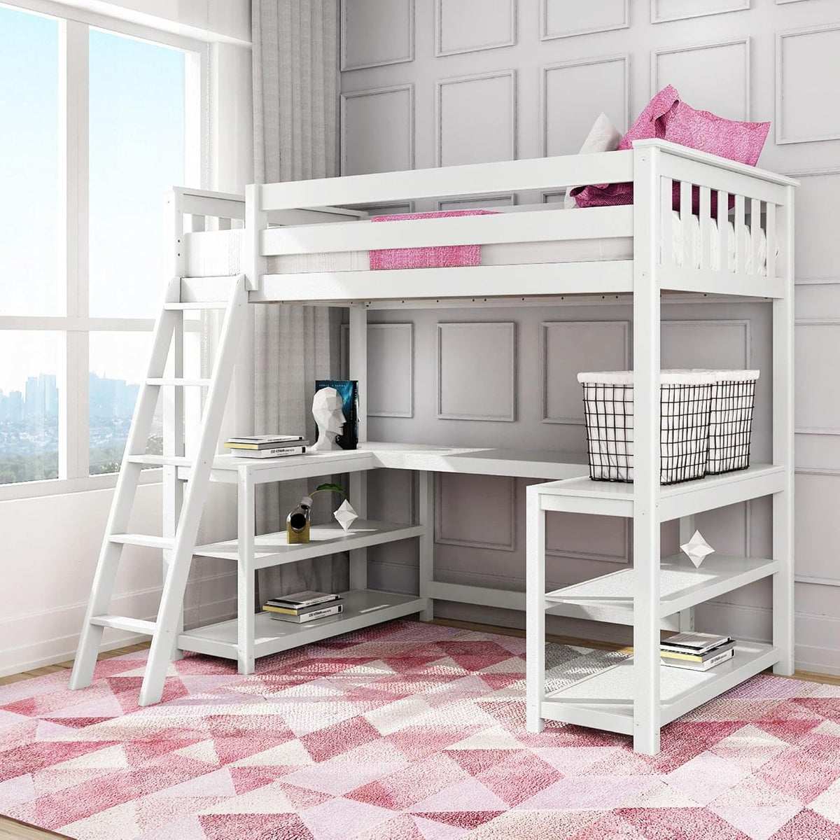 White Twin High Loft Bed with Bookcase J317