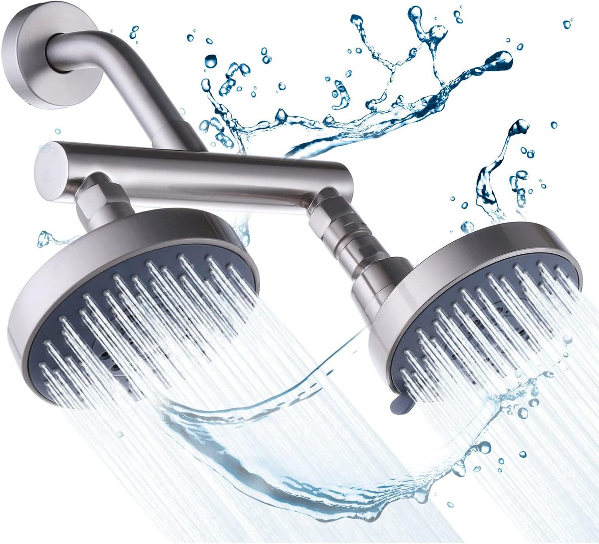 Brushed Nickel Solid Brass Dual Shower Head Set with Shut-Off Valve and Shower Arm, 2 Fixed Shower Heads, 5 Function, Pack of 2 S922369