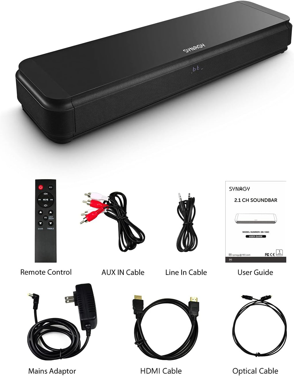 2.1ch Sound Bar with Built-in Subwoofer, Bluetooth, HDMI ARC, Optical, Aux-in, USB, 3 EQ Presets, Adjustable Bass D634050