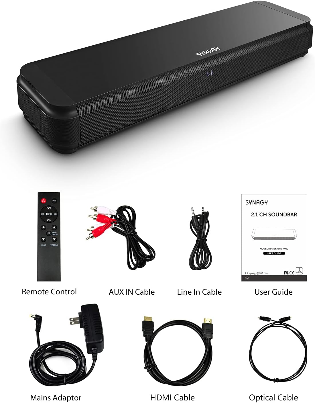 2.1ch Sound Bar with Built-in Subwoofer, Bluetooth, HDMI ARC, Optical, Aux-in, USB, 3 EQ Presets, Adjustable Bass D634050