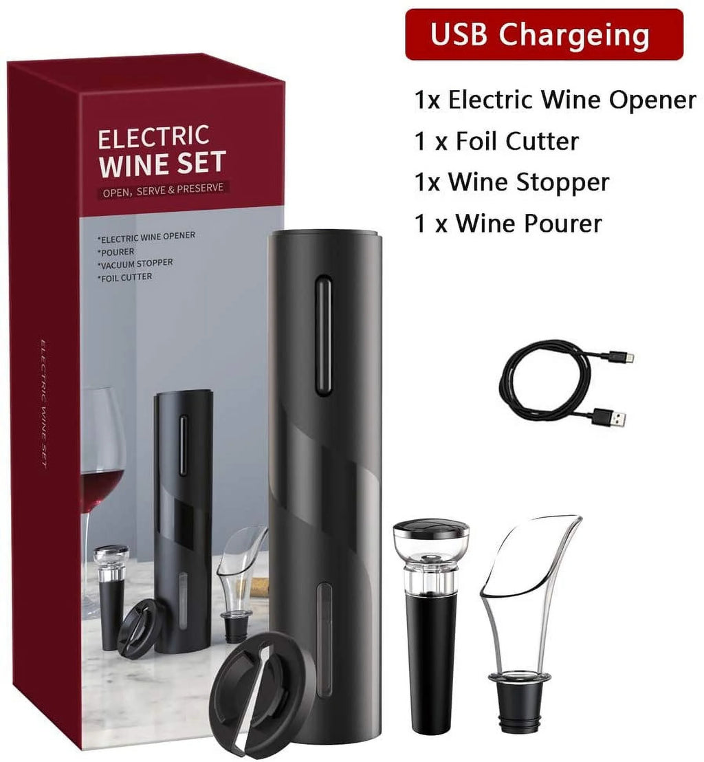 Rechargeable Electric Wine Opener Set with Foil Cutter, Vacuum Stopper and Wine Aerator Pourer U464