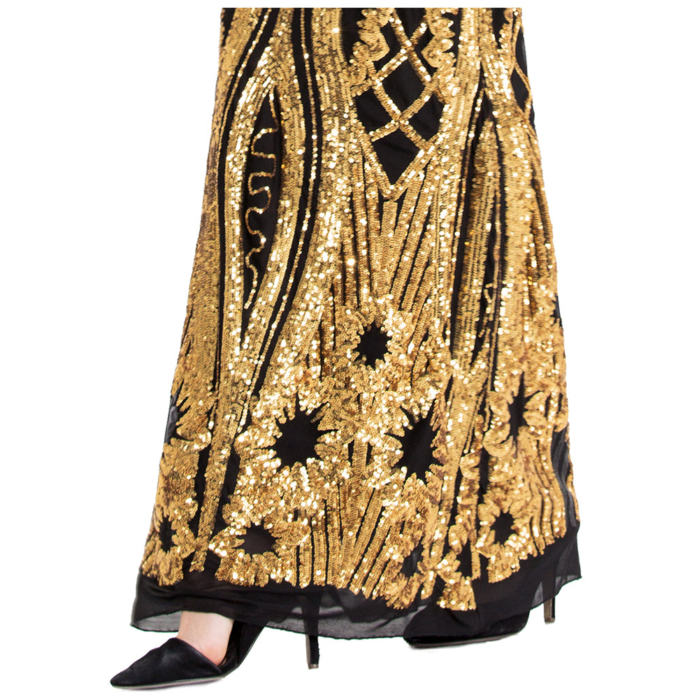 Gold Floral Pattern Sequins Sheath Long Evening Dress U76174