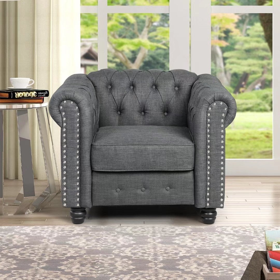 Upholstered Fabric Linen Grey Chesterfield Sofa 3 PCS F289557