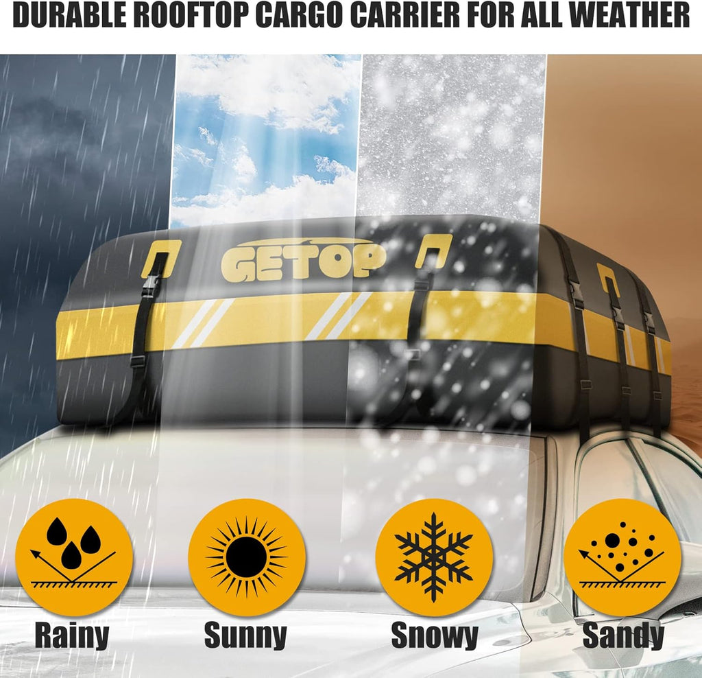 Rooftop Cargo Carrier Bag Waterproof 730D Car Roof Bag Heavy-Duty Soft-Shell with Non-Slip Mat, 6 Door Hooks, Lock, Storage Bag (Yellow) G177918