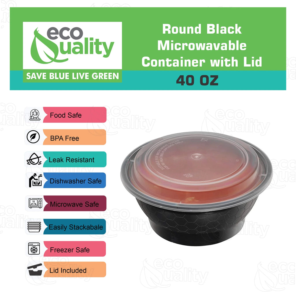 50 Pack 40 oz Black Round Meal Prep Containers with Lids H4202