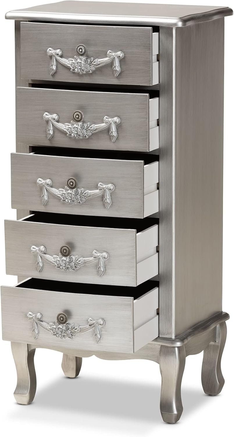 Brushed Silver Finished Wood 5-Drawer Chest L2863