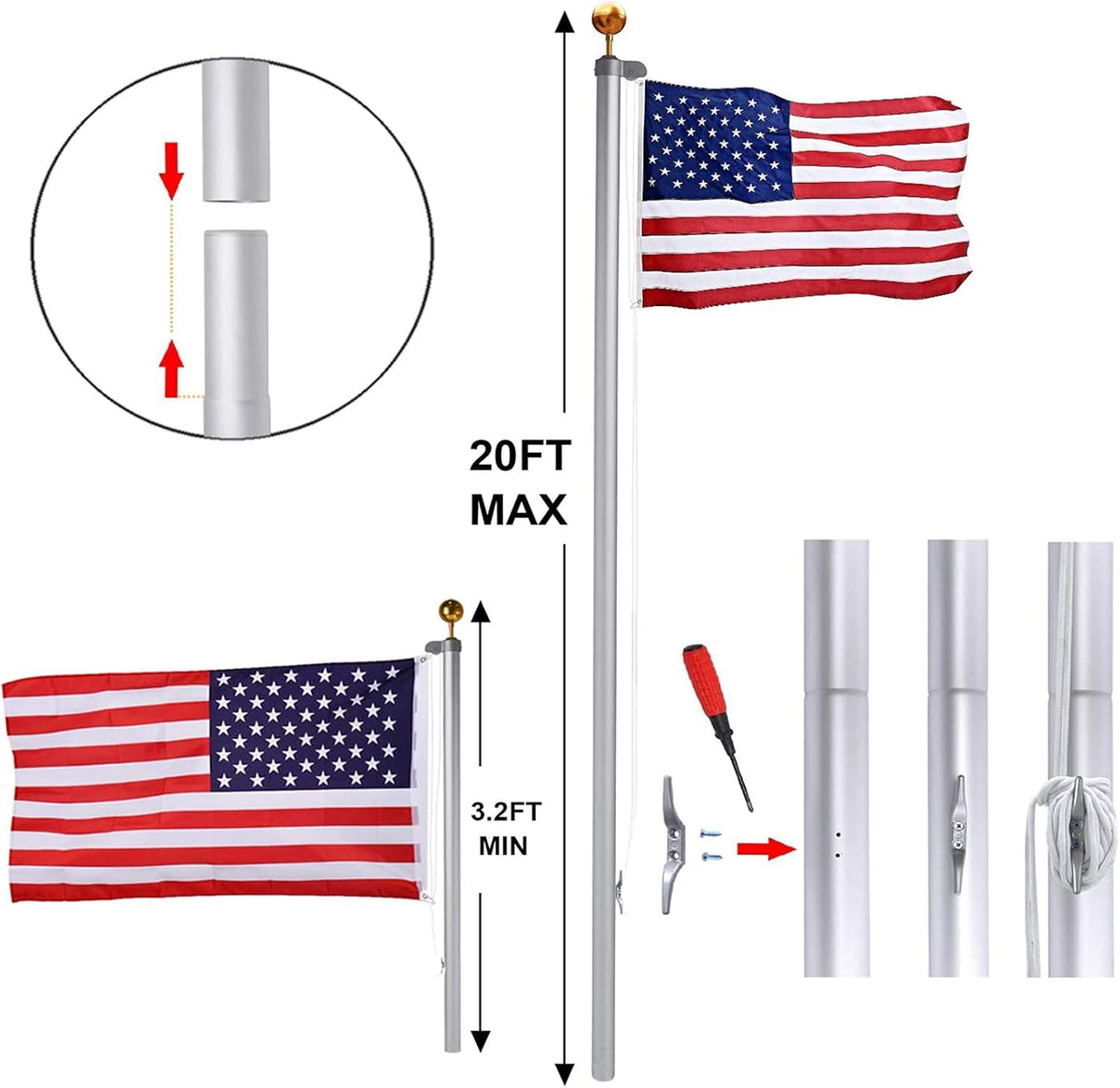 20FT Heavy Duty Aluminum Flag Pole Kit with 3x5 American Flag and Golden Ball N4995