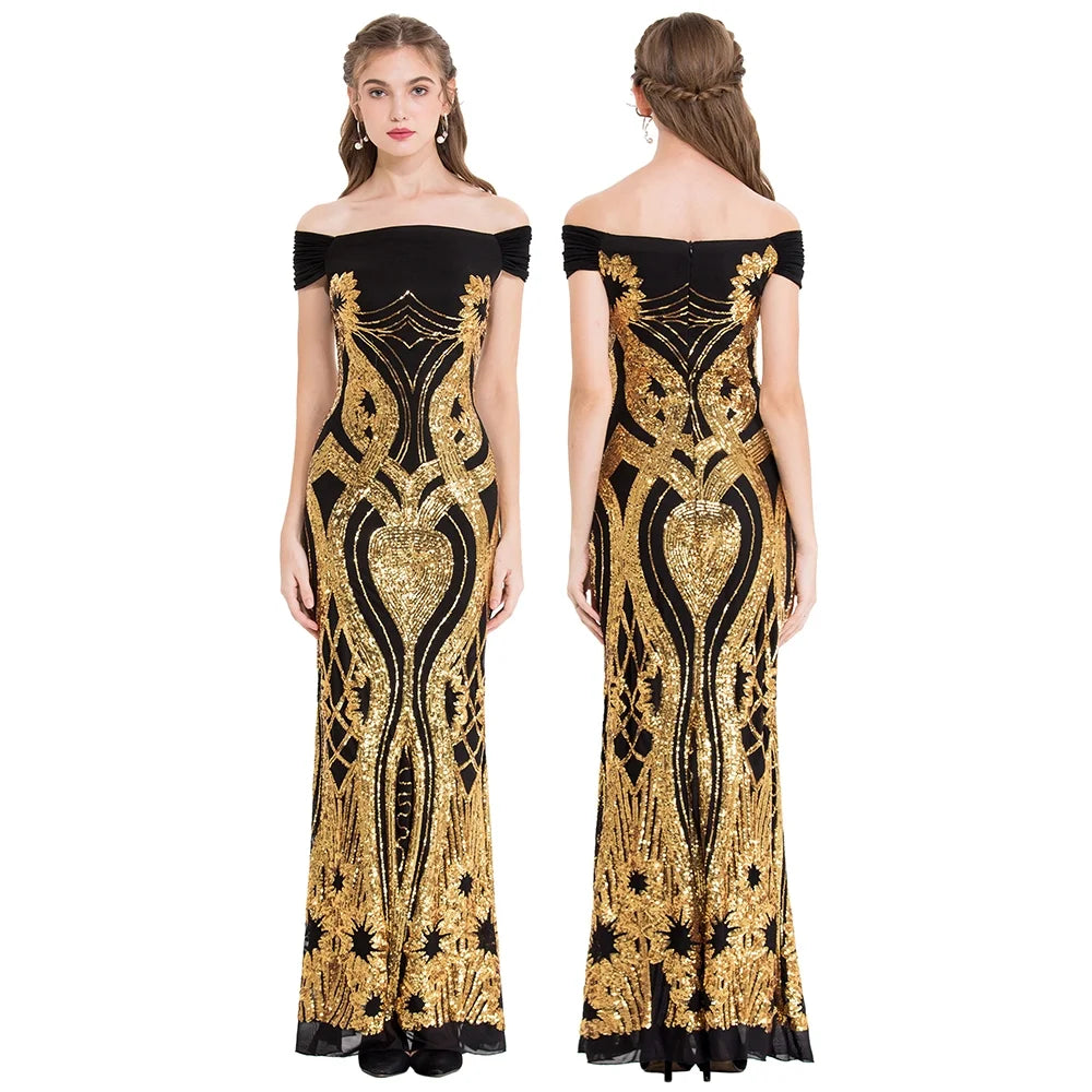 Gold Floral Pattern Sequins Sheath Long Evening Dress U76174