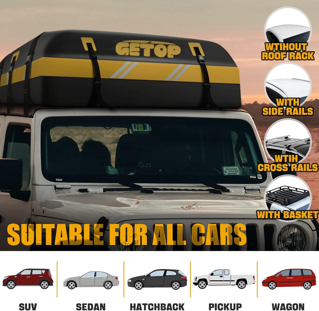 Rooftop Cargo Carrier Bag Waterproof 730D Car Roof Bag Heavy-Duty Soft-Shell with Non-Slip Mat, 6 Door Hooks, Lock, Storage Bag (Yellow) G177918