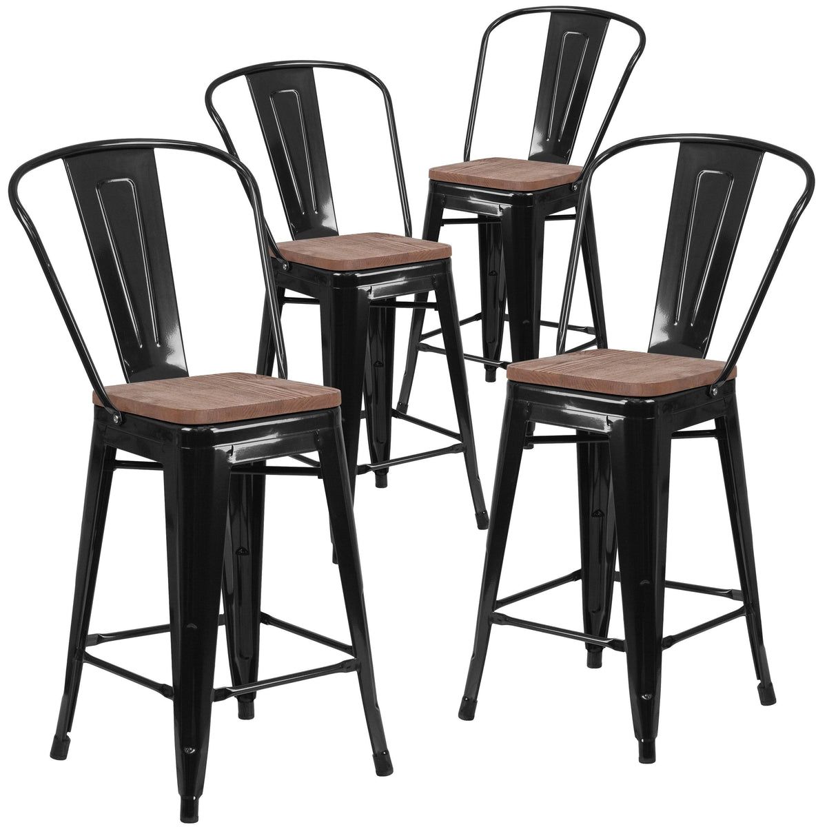 4 Pk Metal Counter Height Stool with Back and Wood Seat, Black-Antique Gold I580859