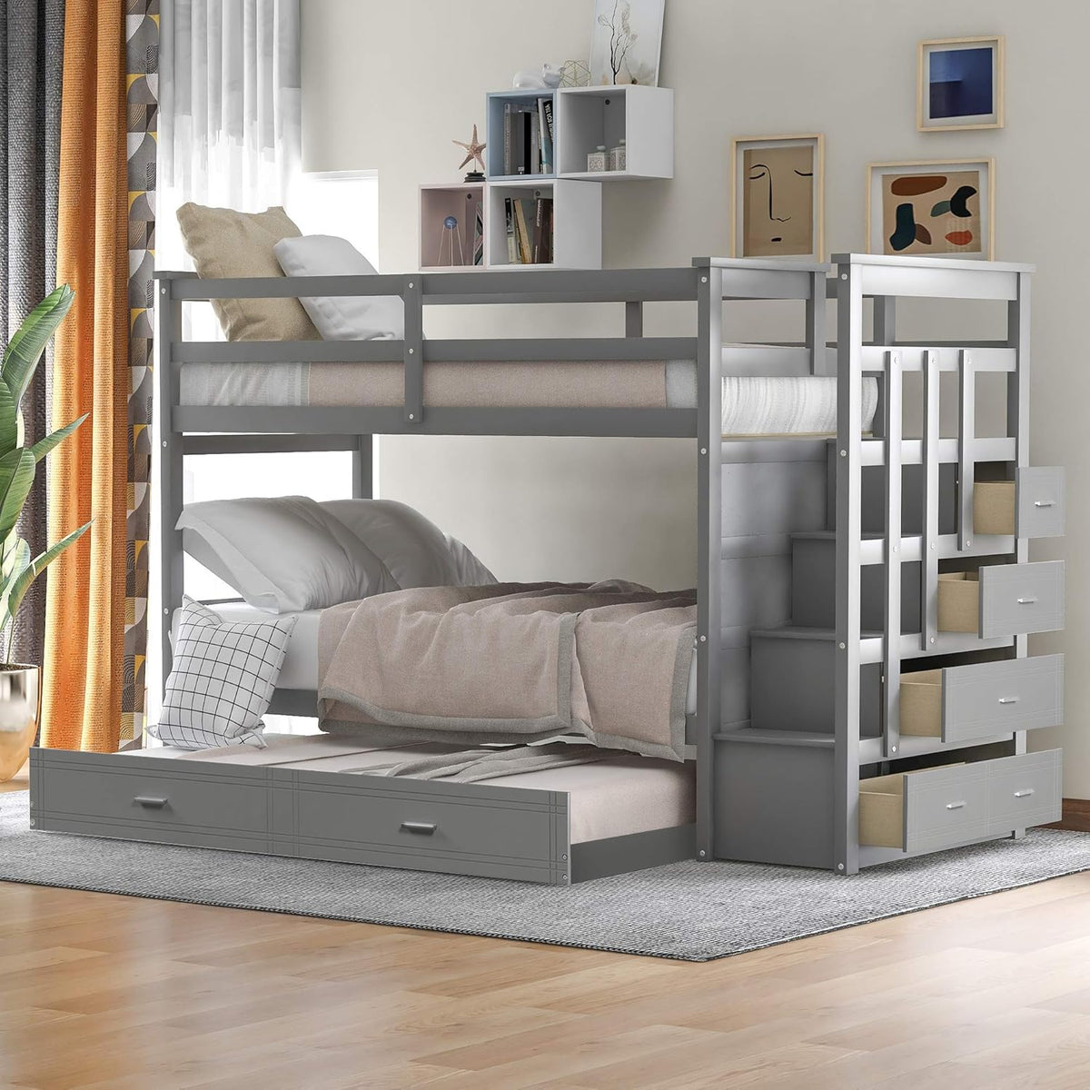 Twin-Over-Twin Wood Bunk Bed with Trundle, 4 Storage Drawers and Staircase M1037